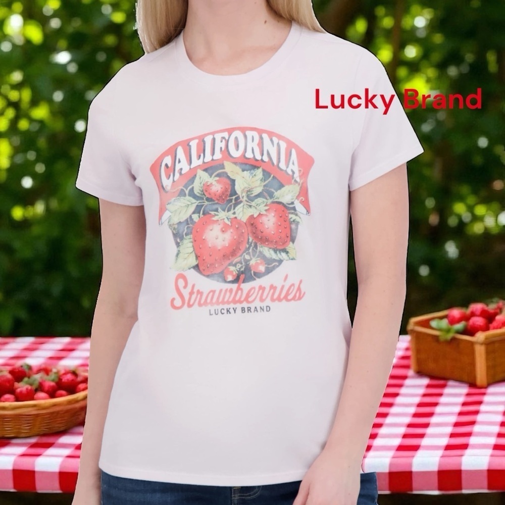 Lucky Brand New California Strawberries Graphic Tee Shirt SM Color Orchid Hush - Picture 1 of 8